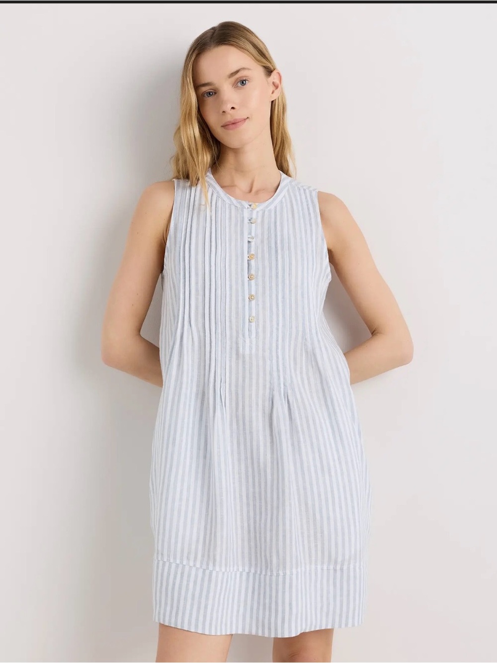 Quince 100% European Linen Sleeveless Swing Dress L Sky Blue Mariner Stripe Coas